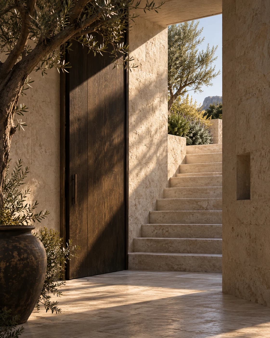 Limestone-Treppe und dunkle Holztür in einem mediterranen Innenhof