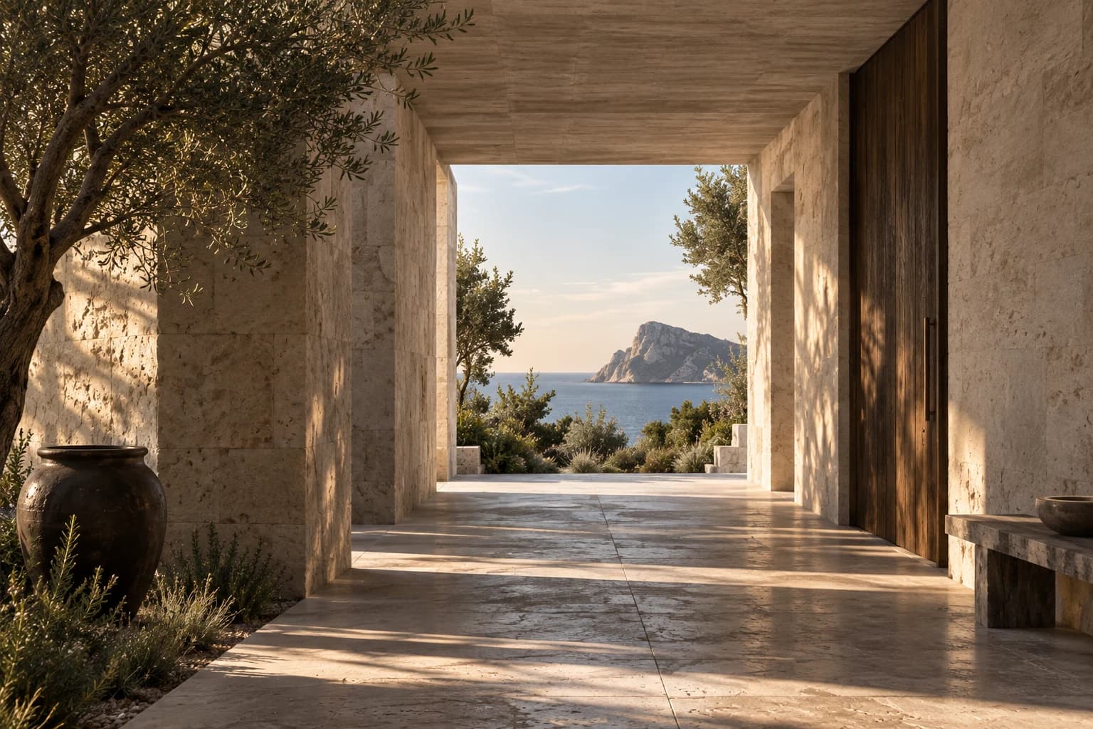 Travertinpassage einer mediterranen Villa mit Blick auf das Meer und eine felsige Insel