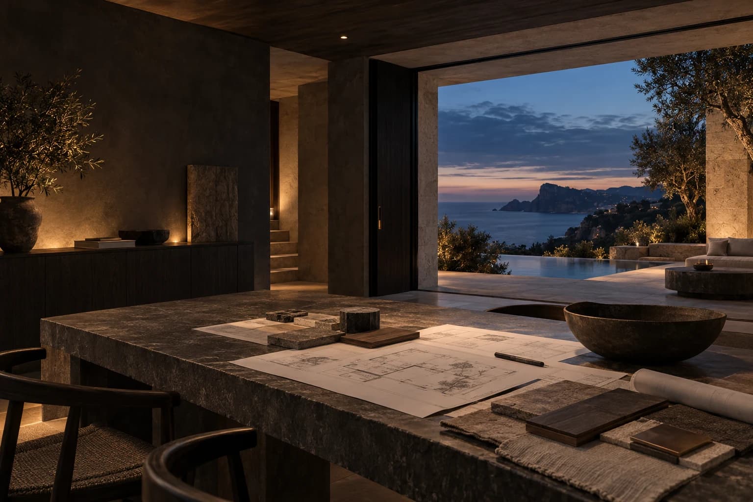 Dunkler Natursteintisch mit Architekturplänen und Materialmustern vor einer Villa am Meer