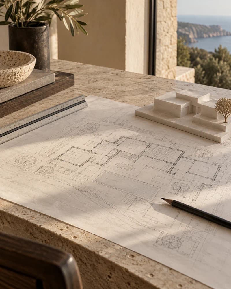 Präziser Architekturplan mit Massing-Modell auf einem Natursteintisch