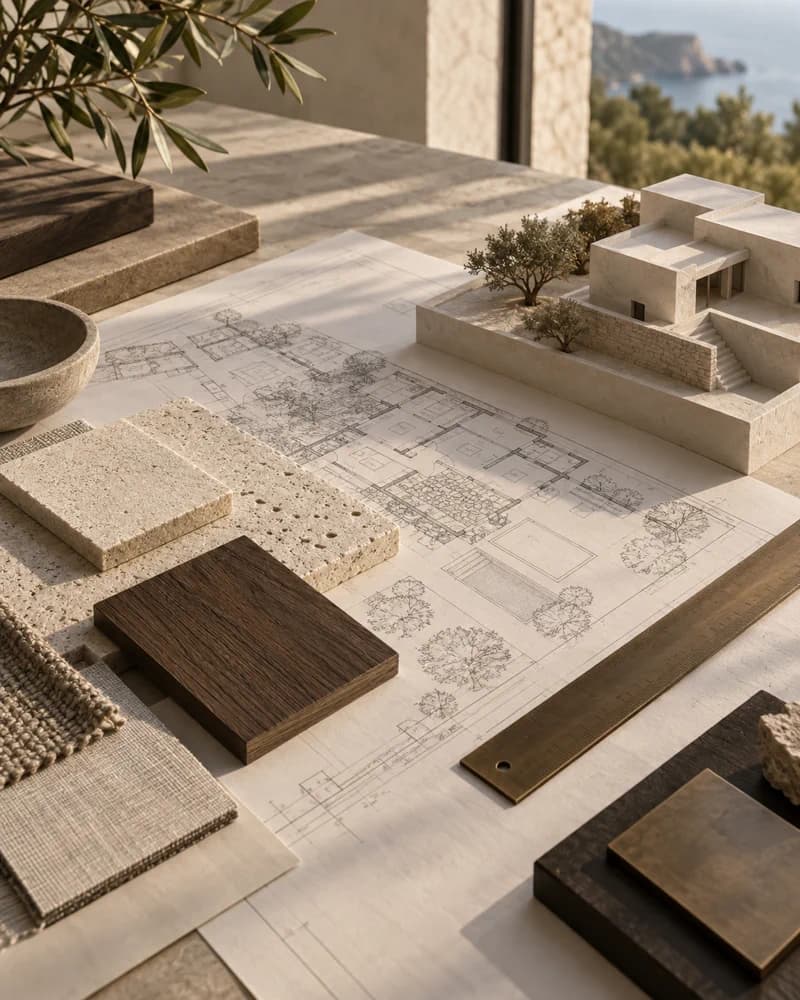 Material- und Planungsstudie mit Naturstein, Holz und Architekturmodell