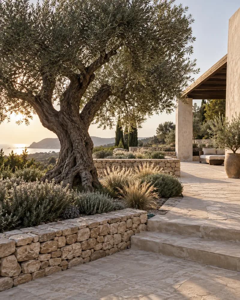 Mediterrane Außenanlage mit altem Olivenbaum und Natursteinwegen