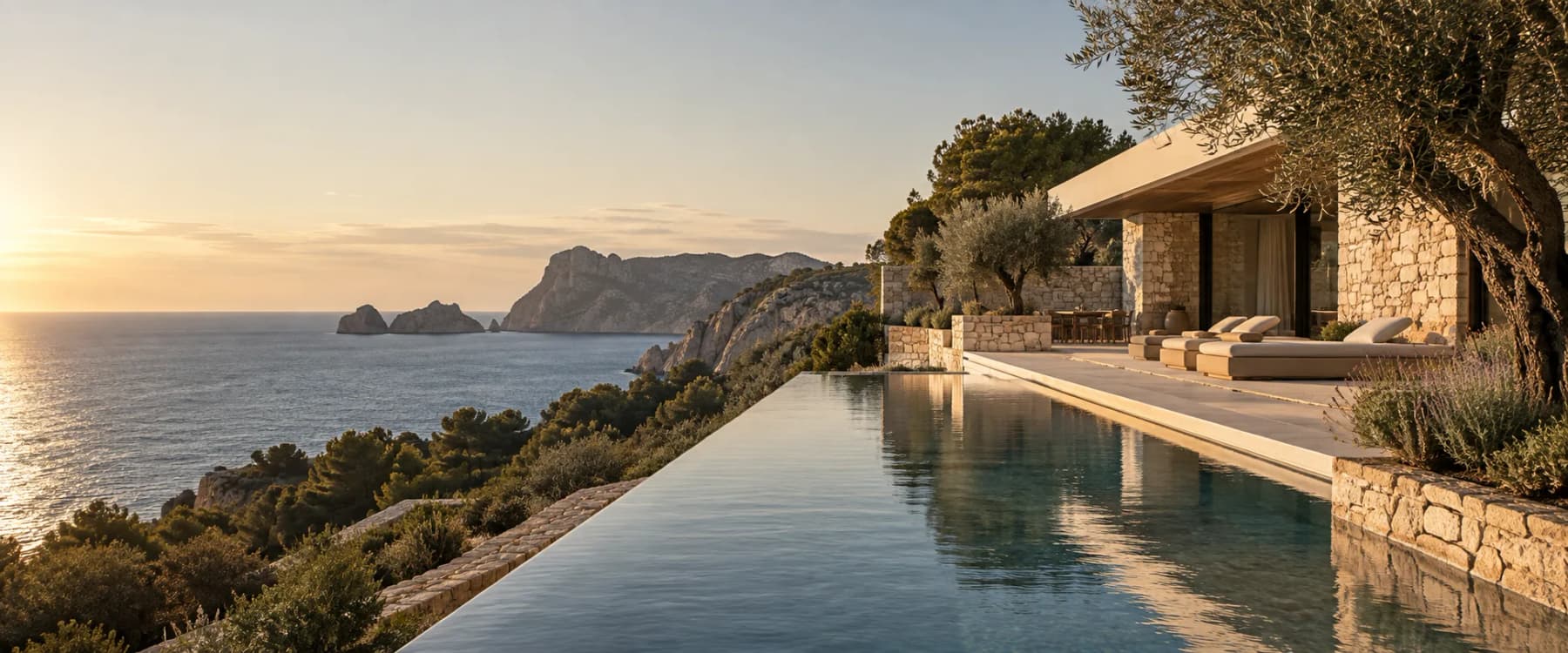 Moderne Natursteinvilla mit Pool und Meerblick auf Ibiza