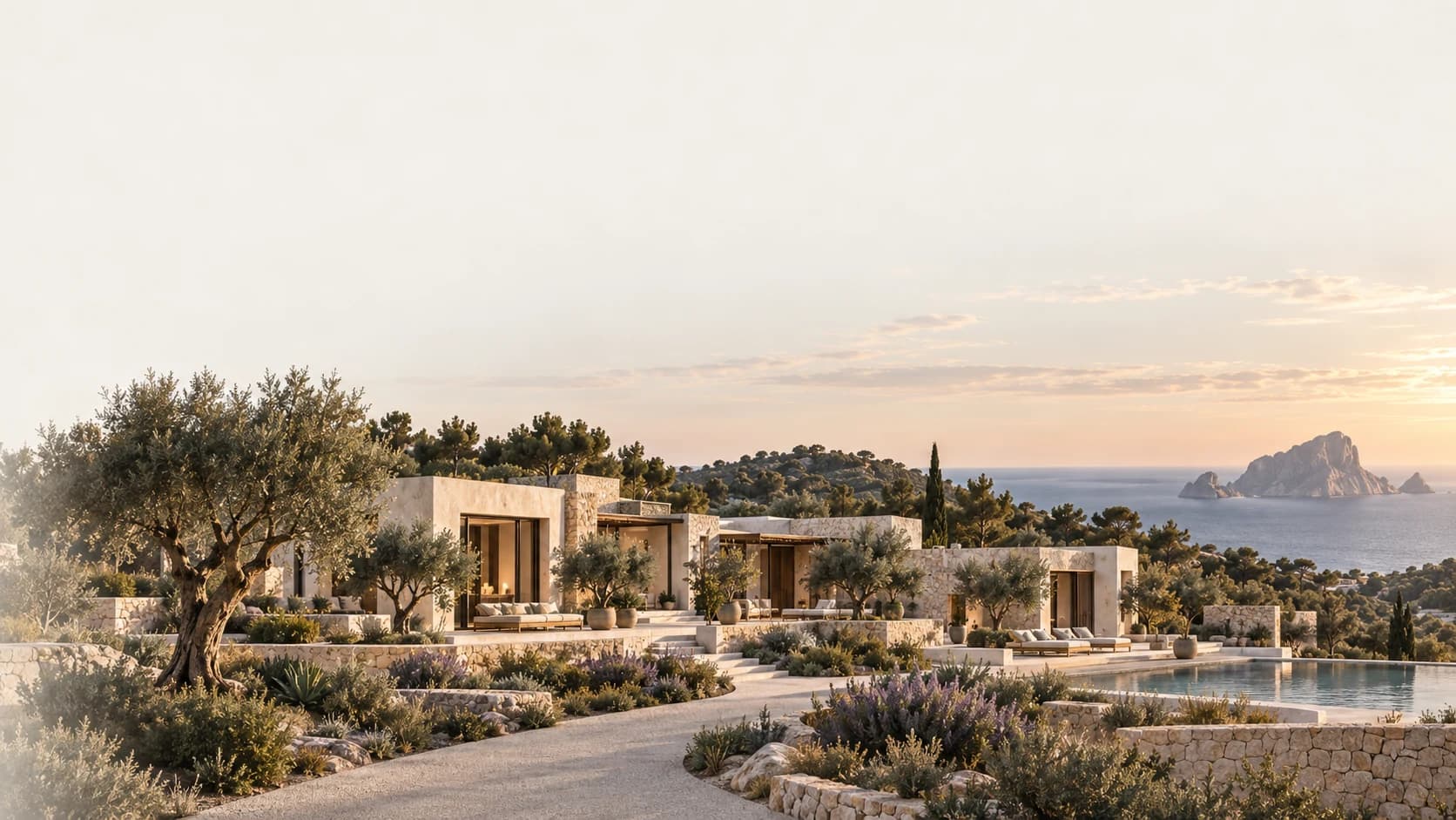 Mediterrane Villaanlage mit Naturstein, Olivenbäumen, Pool und Blick auf die Küste