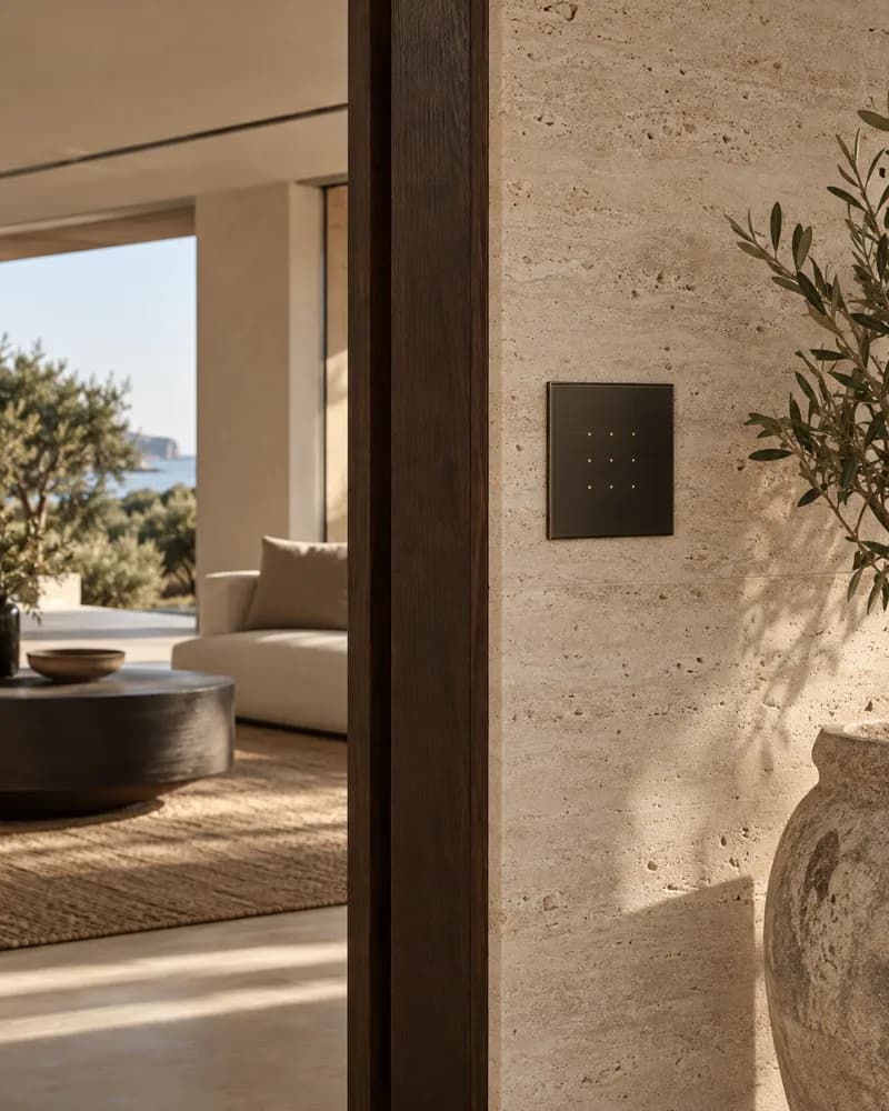 Diskret integriertes Smart-Home-Bedienfeld in einer Travertinwand