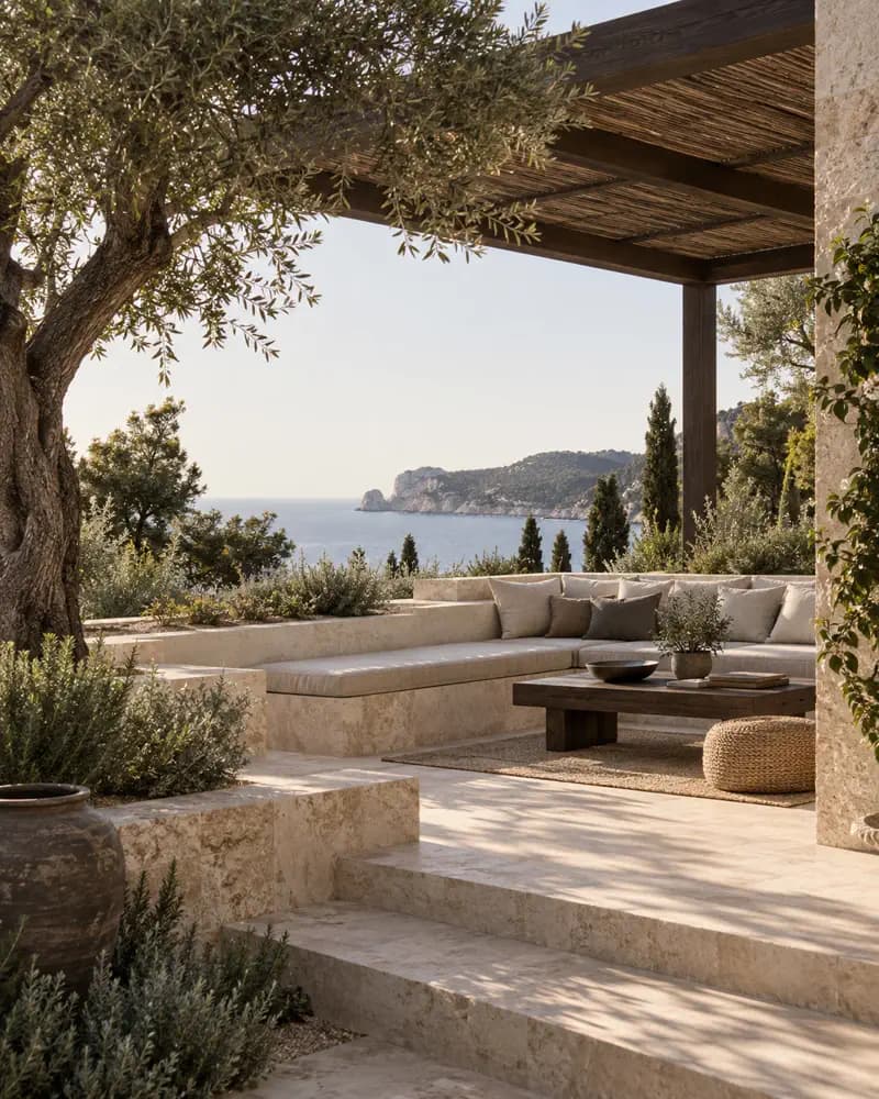 Gestaffelte Natursteinterrasse mit Pergola und integriertem Sitzbereich