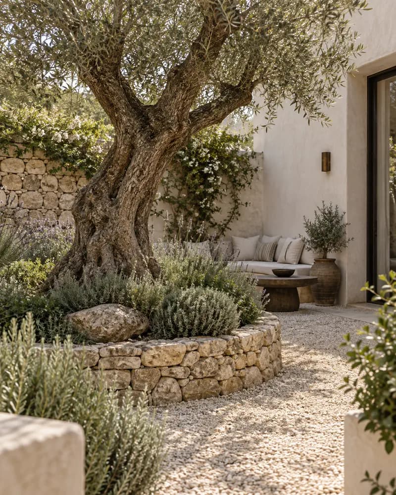 Geschützter mediterraner Gartenhof um einen alten Olivenbaum