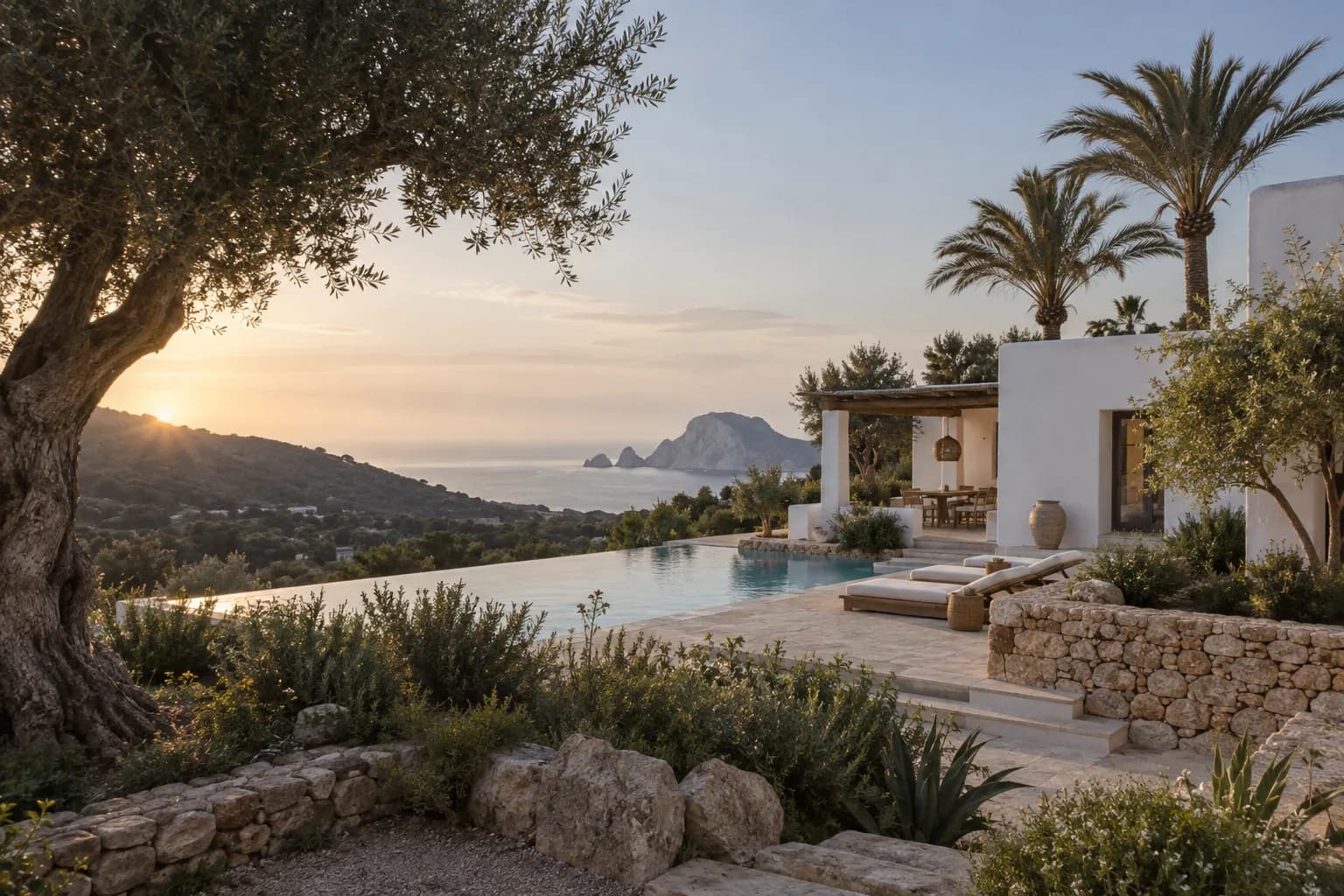 Architekturdetail mit mediterranen Bäumen und weitem Meerblick