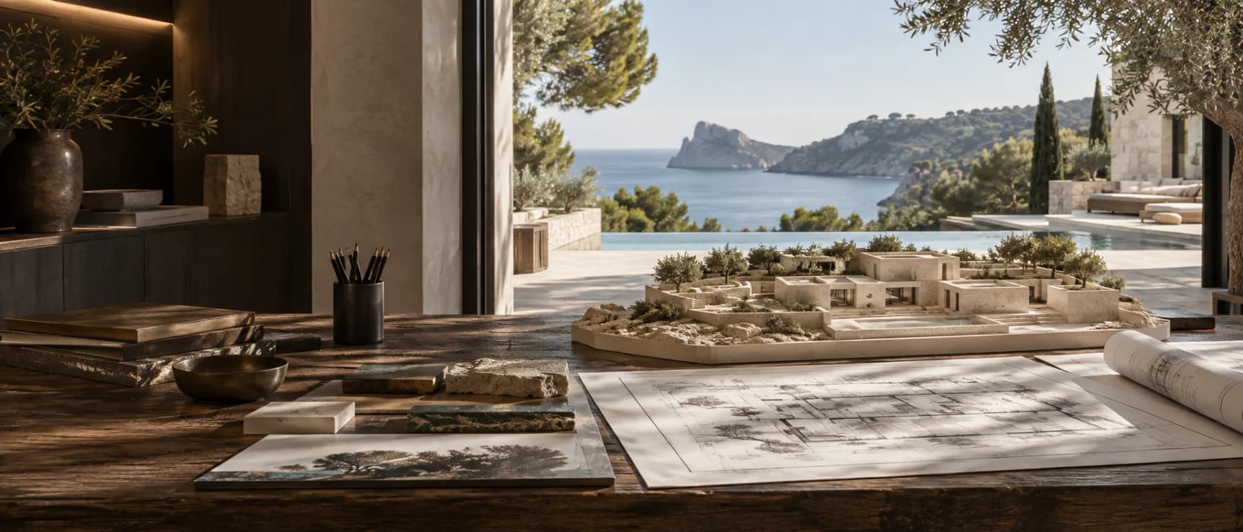 Architectural model, natural stone samples and plans with a coastal view