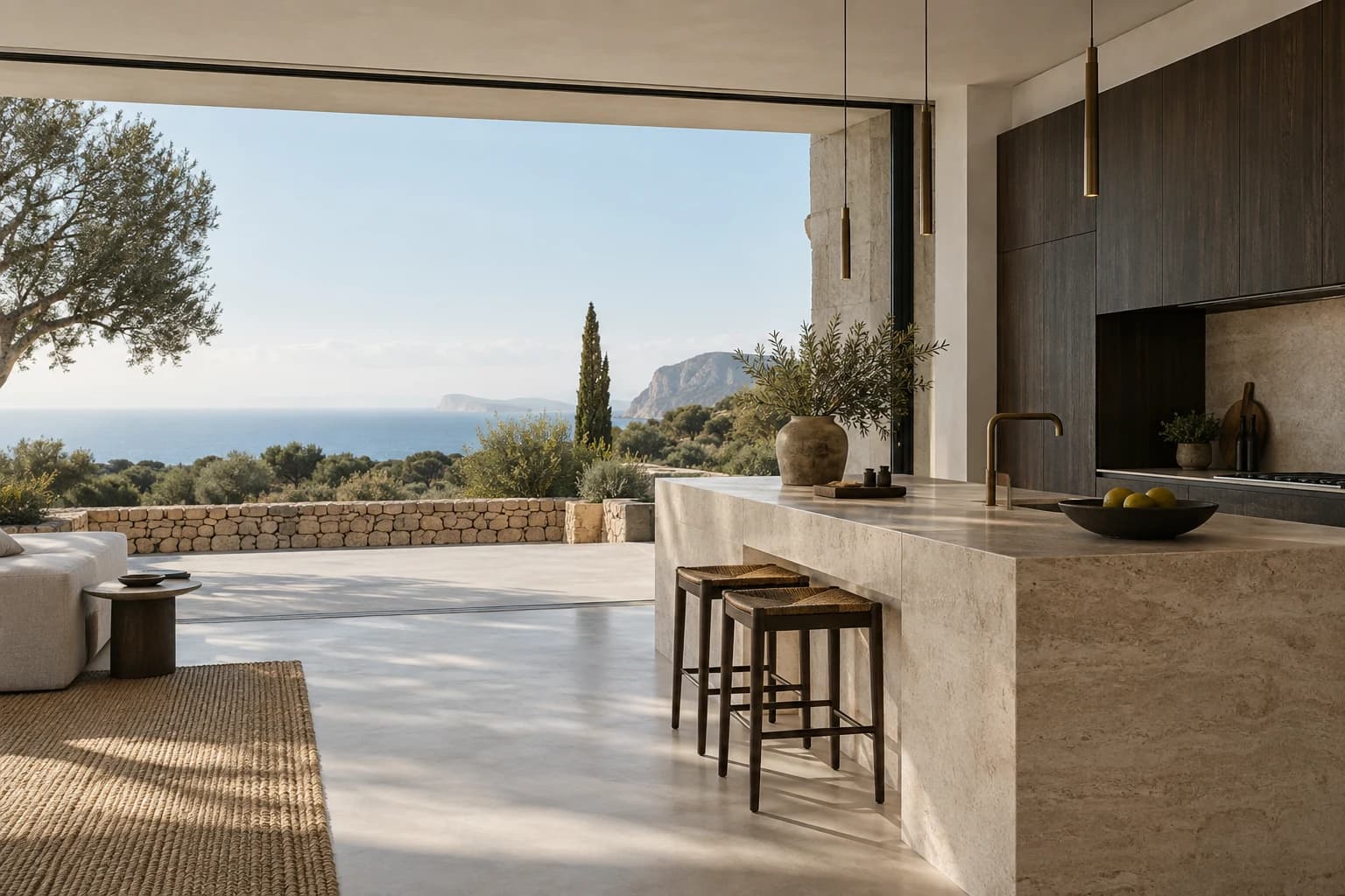 Moderner Ibiza-Innenraum mit Naturstein, dunklem Holz, Glasöffnung und Meerblick
