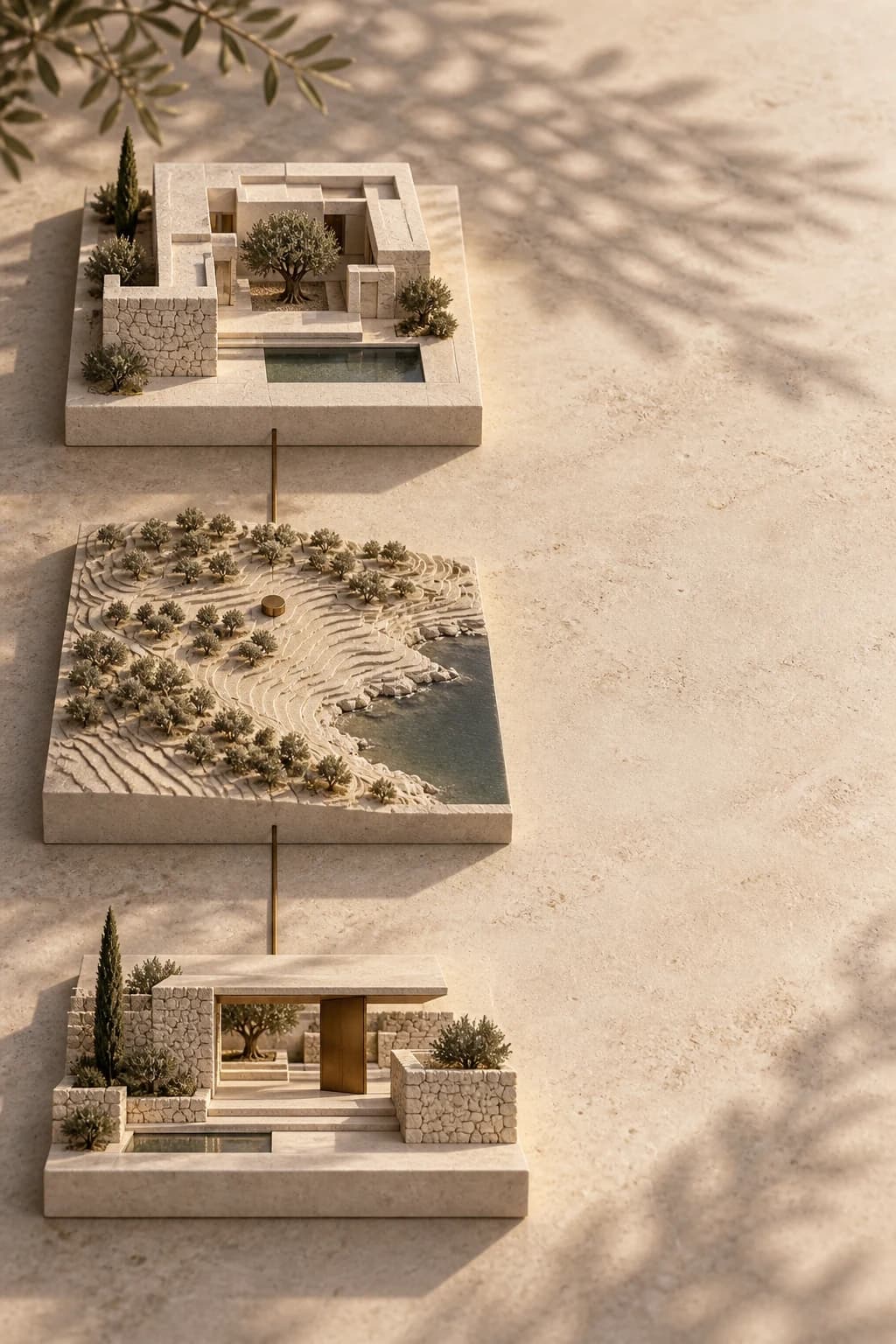 Three architectural models representing the brief, location and next step