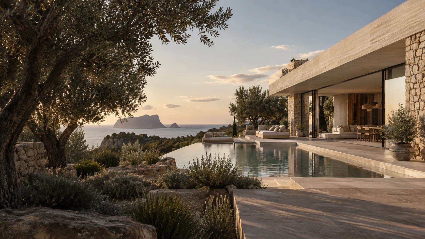 Mediterranean natural-stone villa with pool, olive tree and sea view