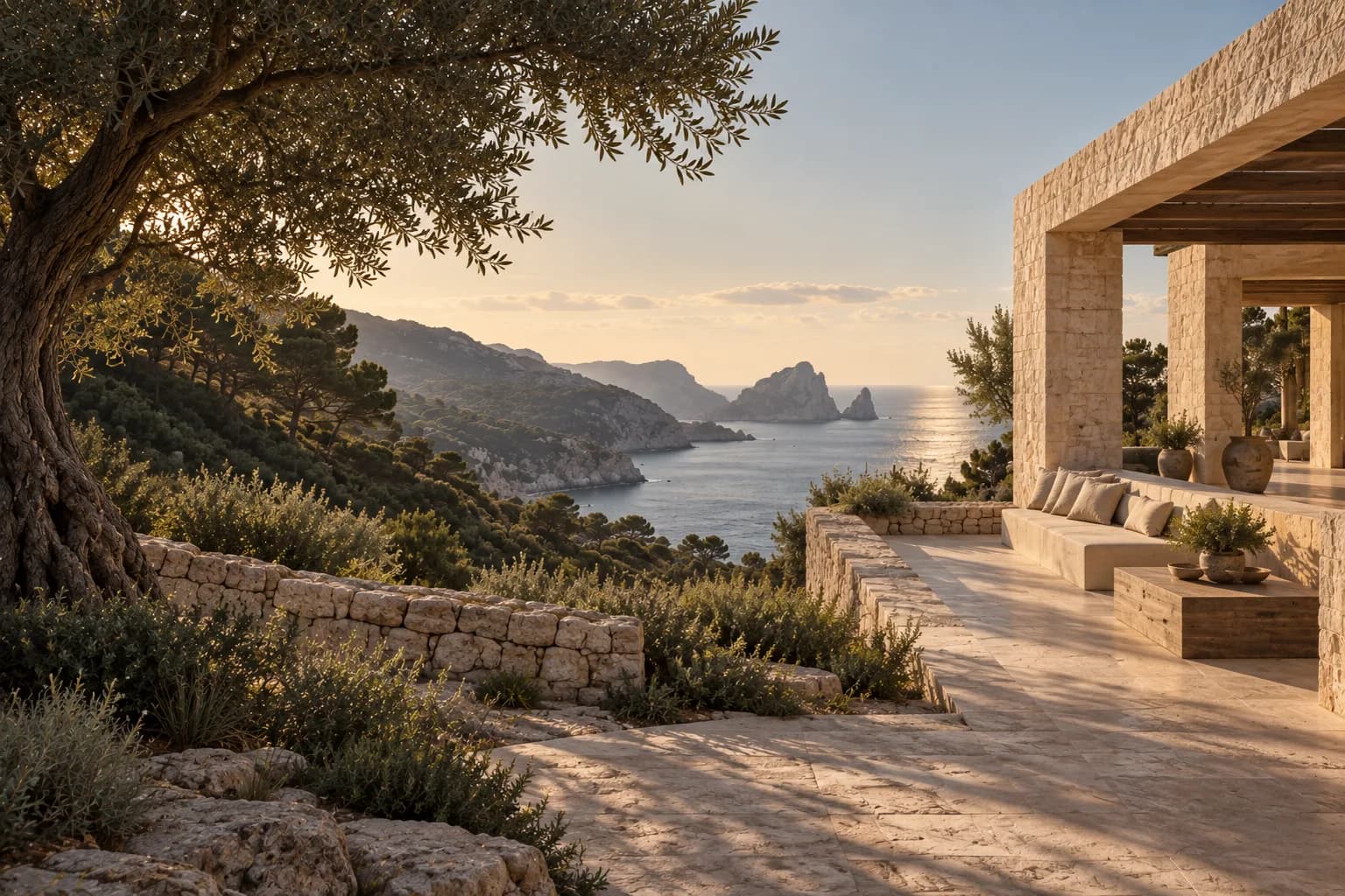 Natursteinterrasse und mediterrane Landschaft mit Blick auf die Küste