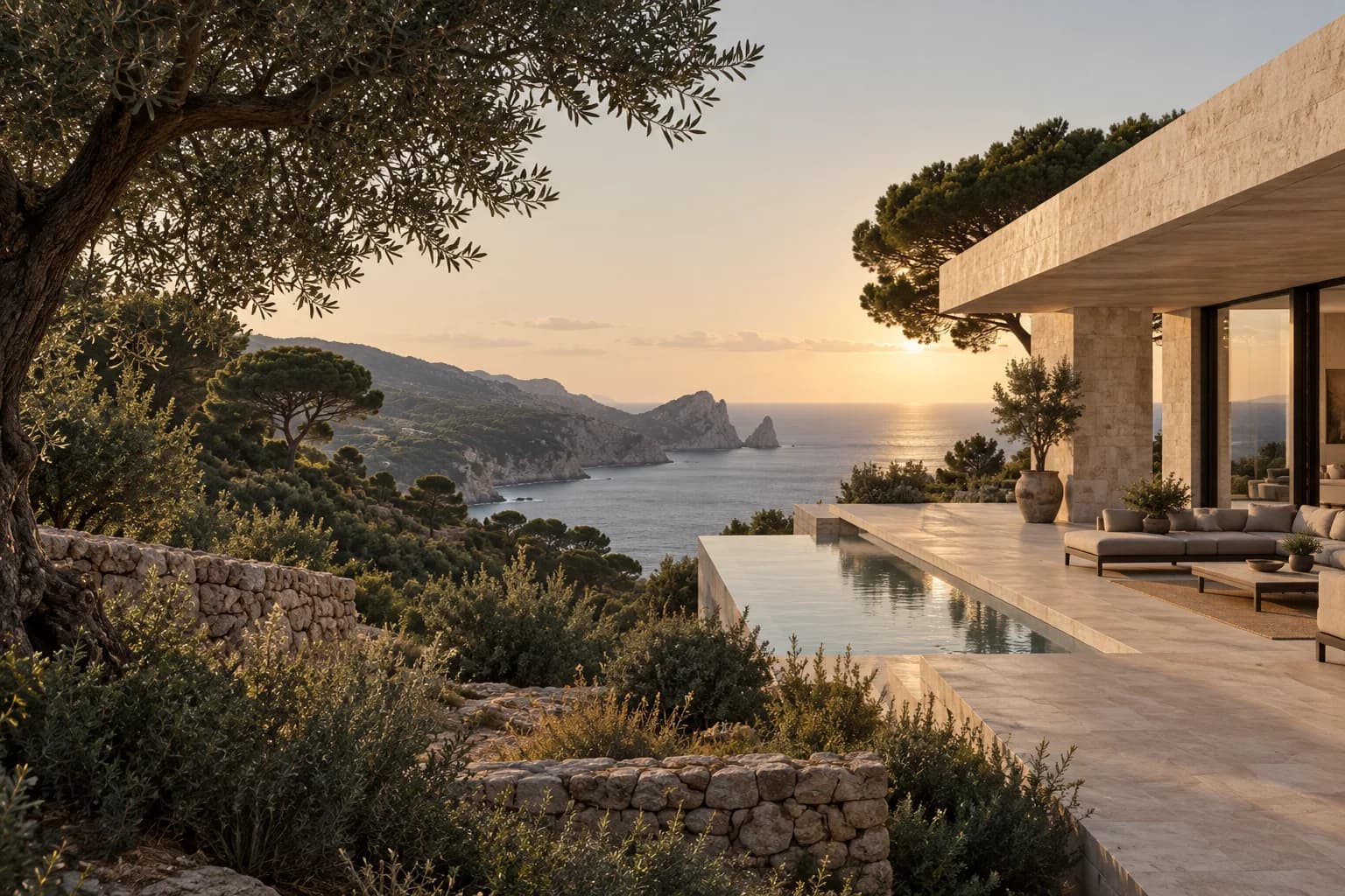 Mediterrane Villa aus Naturstein über der felsigen Küste Ibizas