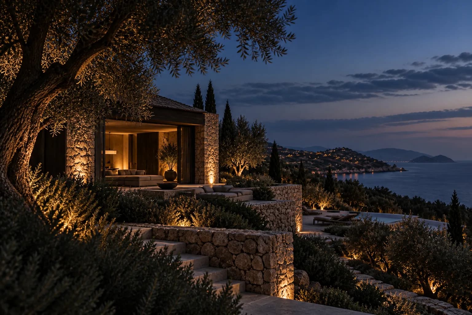 Mediterrane Natursteinvilla am Hang mit Meerblick bei blauer Stunde