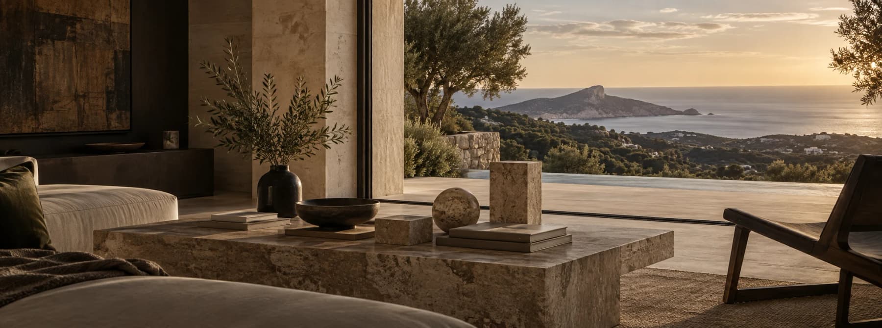 Hochwertiger Architektur- und Materialraum mit Blick in die mediterrane Landschaft