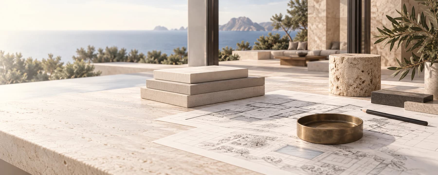 Architekturpläne, Materialmuster und Bronzeteller auf einem Natursteintisch mit Meerblick