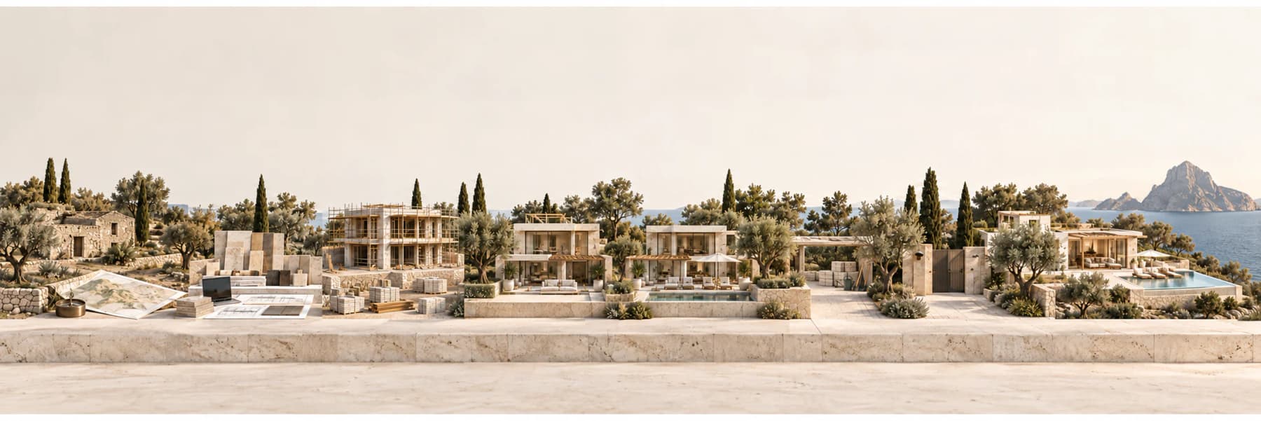 Architektonische Prozesslandschaft von der Finca über Planung und Bau bis zur fertigen Villa