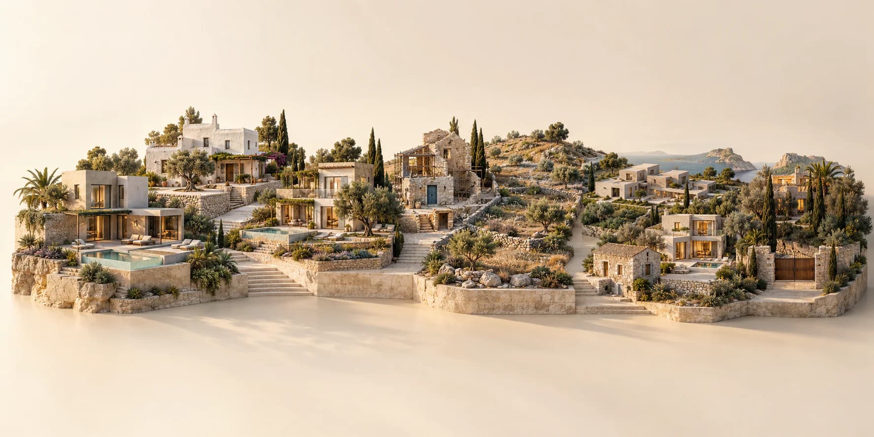 Mediterrane Immobilienlandschaft mit Villen, Fincas, Grundstück und Sanierungsobjekt