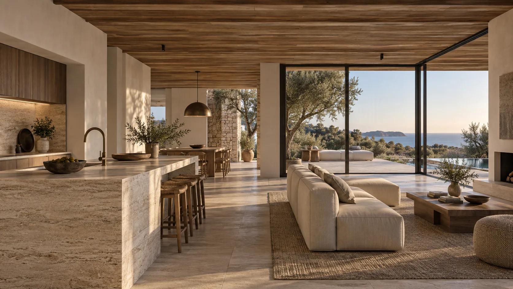 Mediterraner Innenraum mit Naturstein, Holzelementen und fließendem Übergang zu Terrasse, Pool und Küstenlandschaft