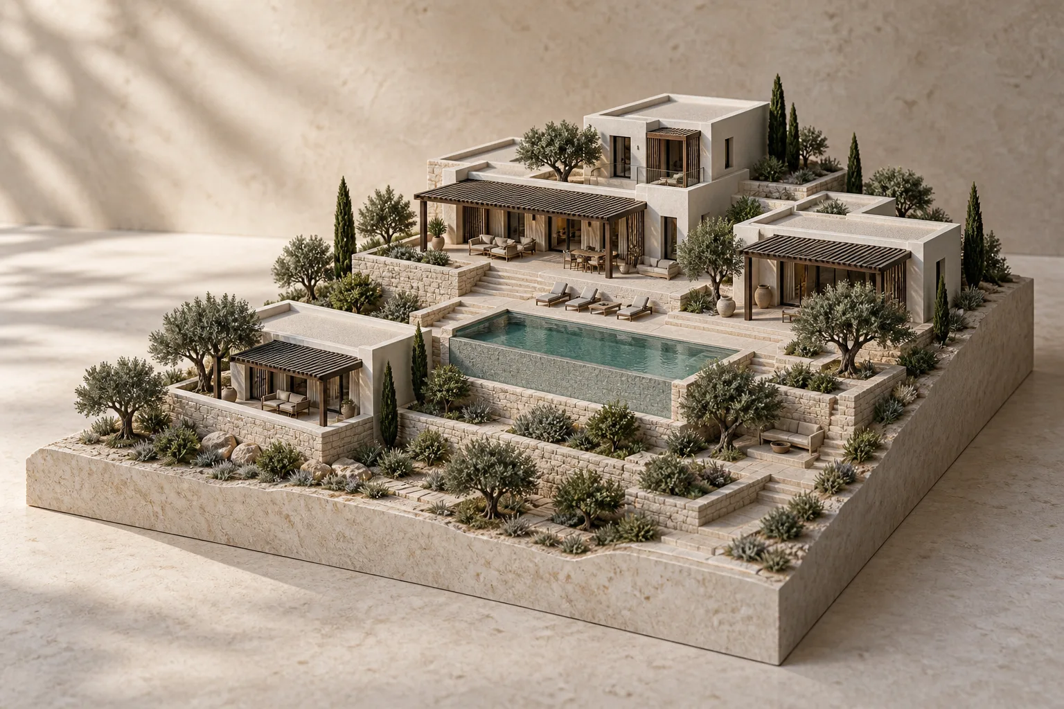 Isometrisches 3D-Architekturmodell einer mediterranen Villa mit Gebäudeteilen, Terrassen, Garten, Außenanlagen und Pool