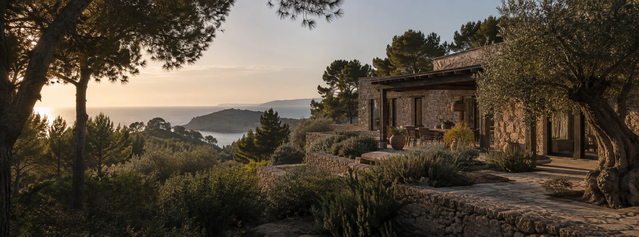 Naturstein-Finca in einer ruhigen mediterranen Landschaft mit Meerblick