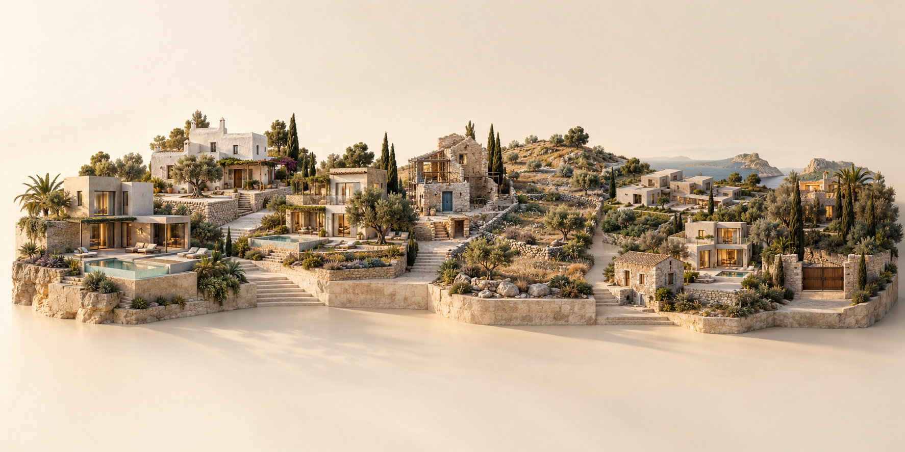 Konzeptioneller Property Atlas mit Villen, Fincas, Bestandsimmobilien, Entwicklungsflächen und mediterraner Landschaft auf Ibiza